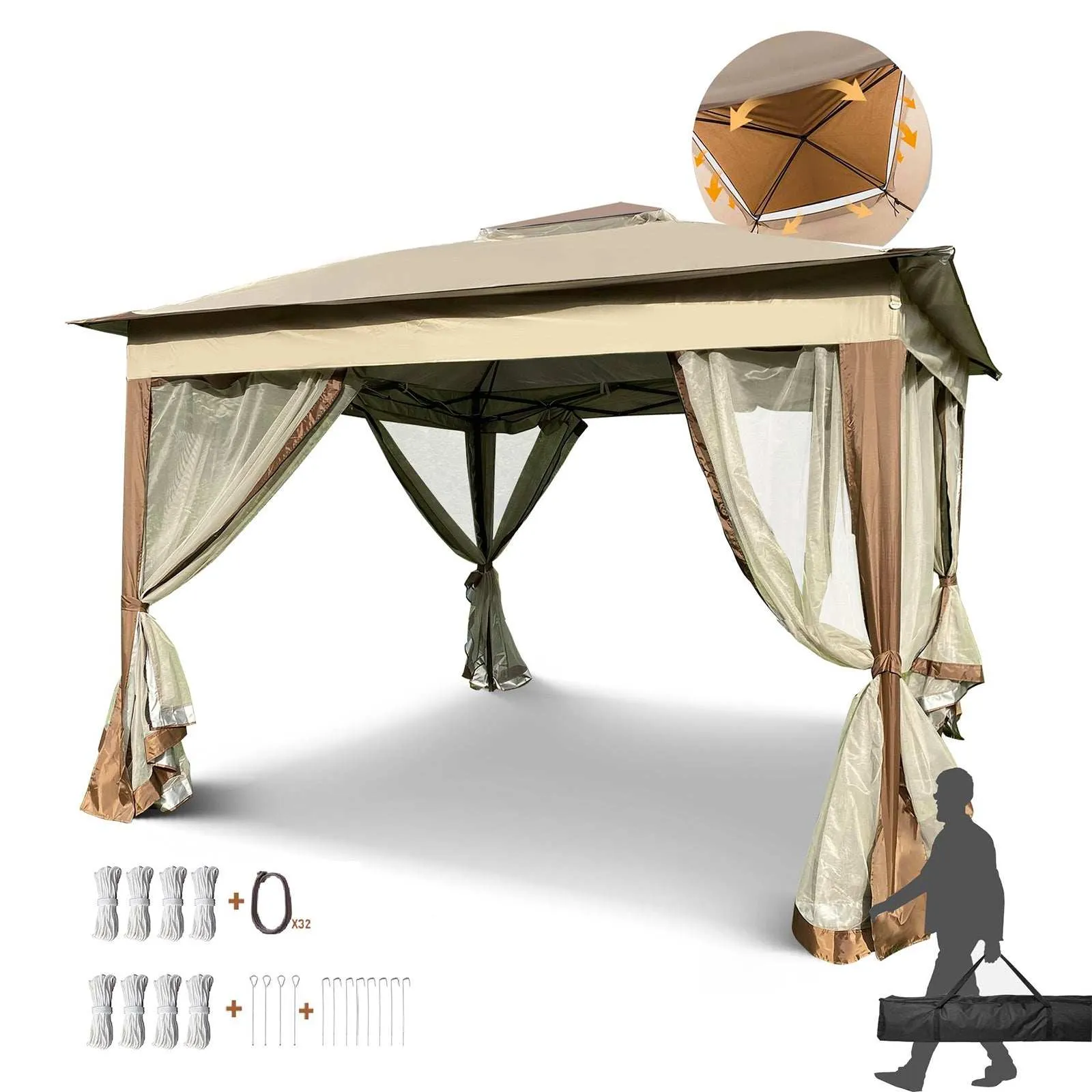 11 x 11 Ft Pop Up Gazebo Canopy With Removable Zipper Netting Coffee