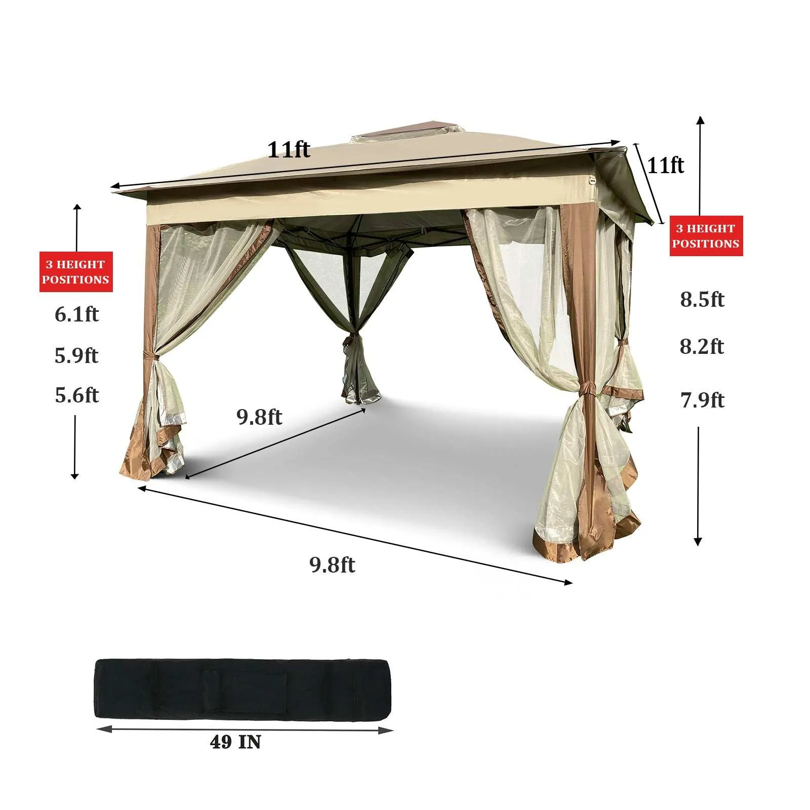 11 x 11 Ft Pop Up Gazebo Canopy With Removable Zipper Netting Coffee