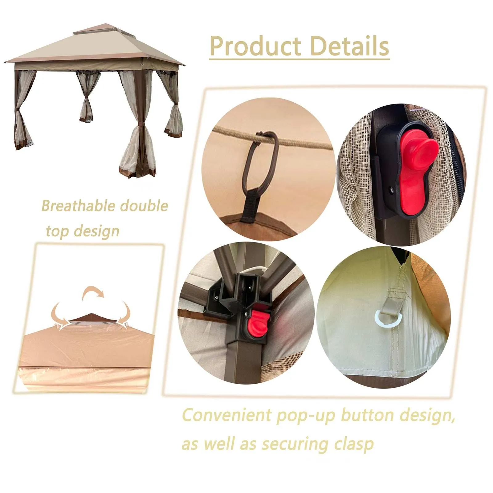11 x 11 Ft Pop Up Gazebo Canopy With Removable Zipper Netting Coffee