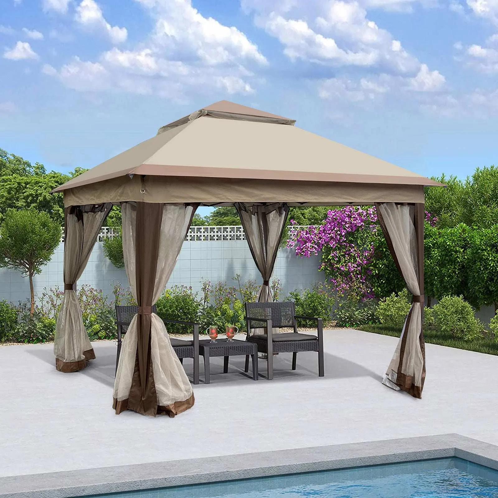 11 x 11 Ft Pop Up Gazebo Canopy With Removable Zipper Netting Coffee