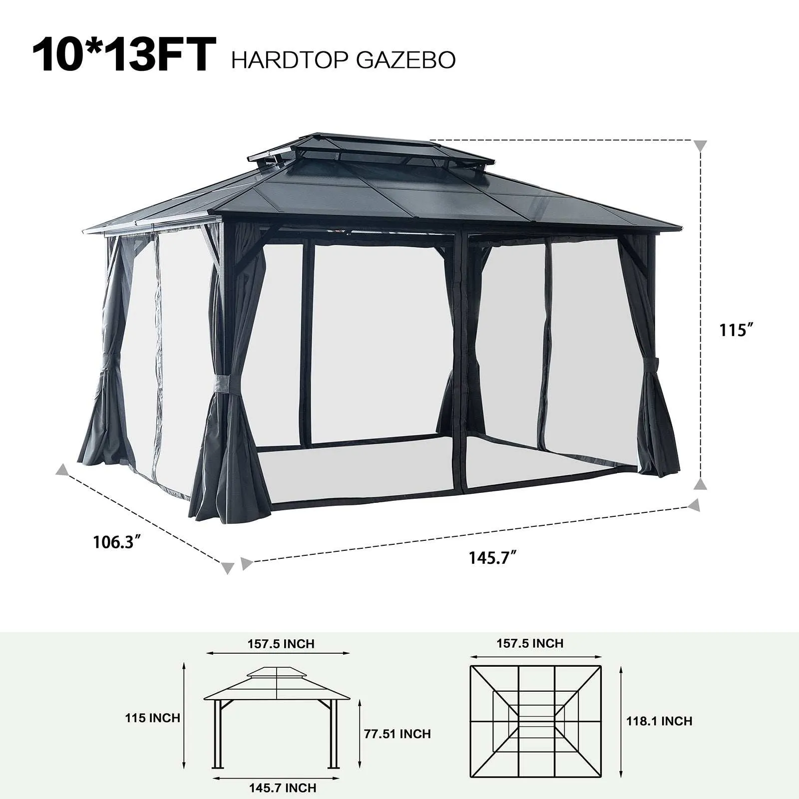 13x10 ft Hardtop Gazebo, Double Roof Canopy Sunshade