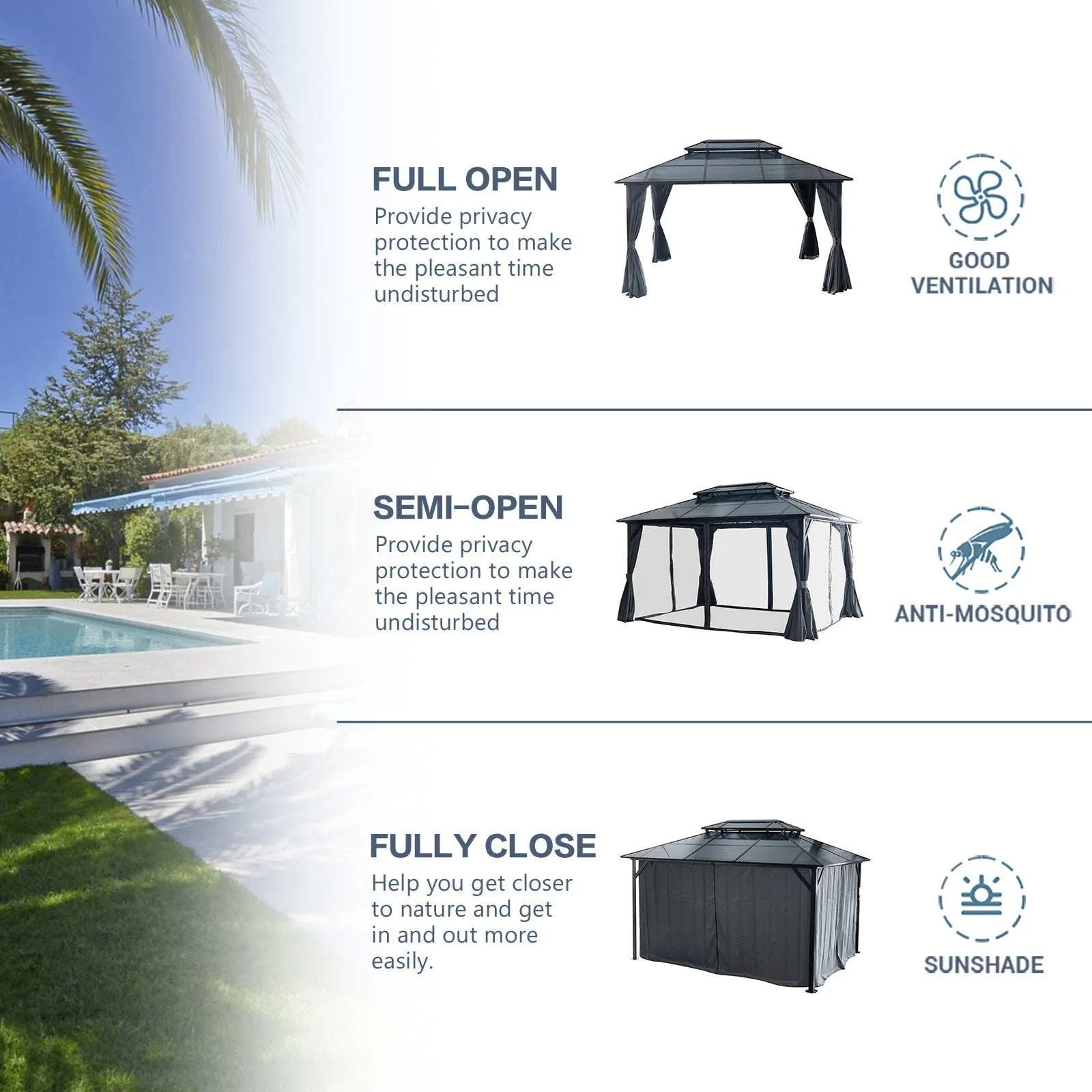 13x10 ft Hardtop Gazebo, Double Roof Canopy Sunshade