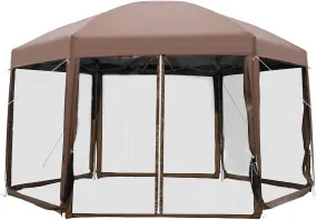 13’X13’ Gazebo Tent Hexagonal Outdoor Gazebo Waterproof Easy Setup Pop up Canopy Height Adjustable Camping Tent with Mosquito Netting Zippers for Patio Party Outdoor Backyard, Brown