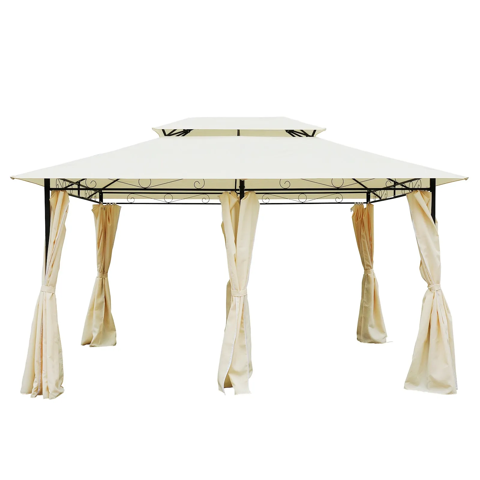 2-Tier Gazebo with Curtains - Cream White, Black Frame