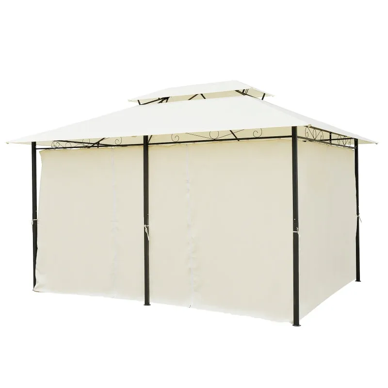 2-Tier Gazebo with Curtains - Cream White, Black Frame