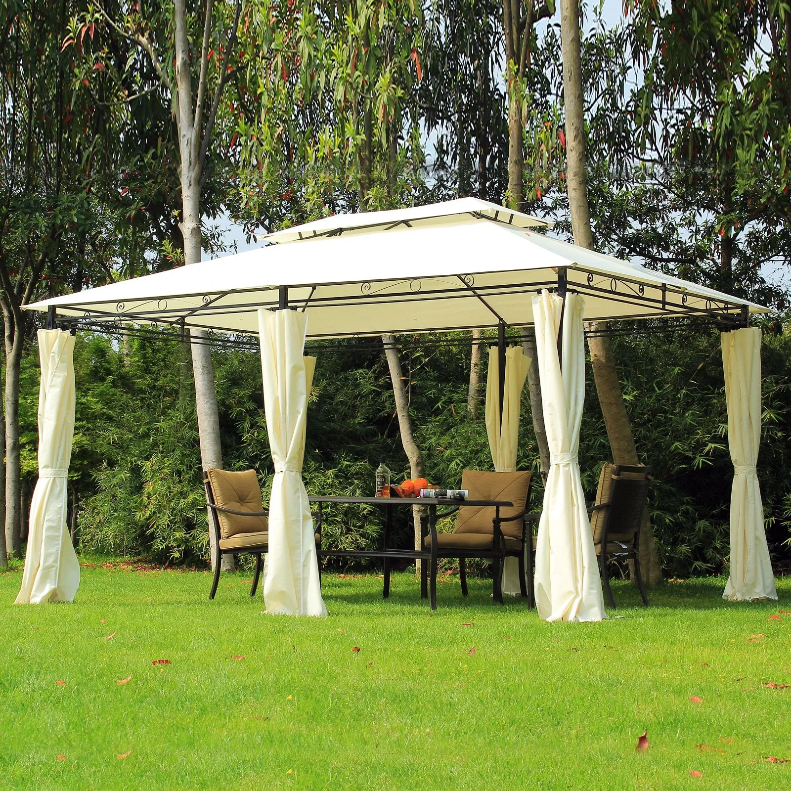 2-Tier Gazebo with Curtains - Cream White, Black Frame