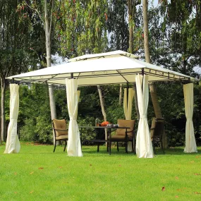 2-Tier Gazebo with Curtains - Cream White, Black Frame