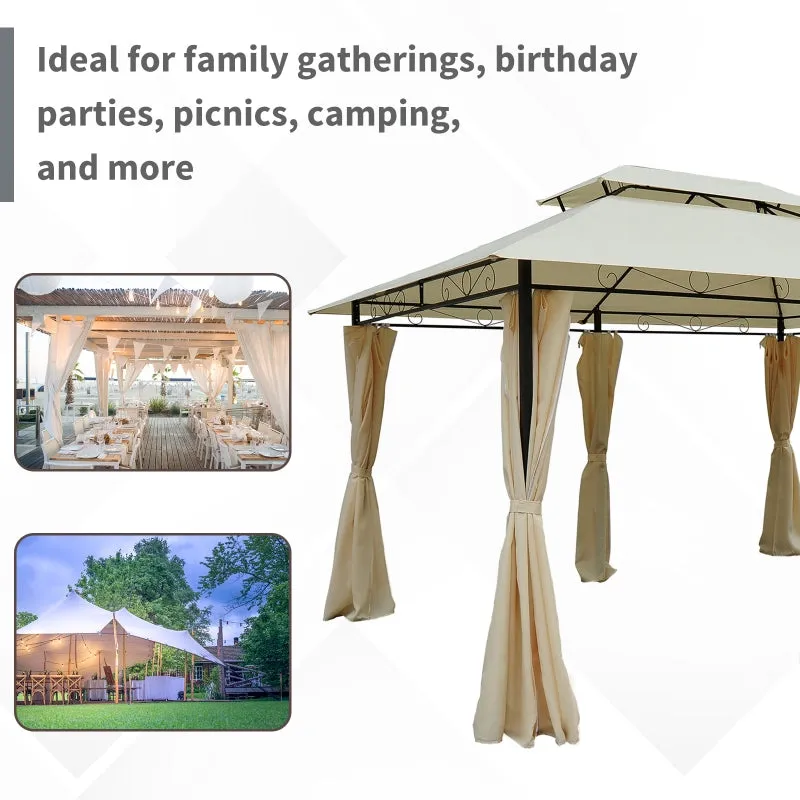 2-Tier Gazebo with Curtains - Cream White, Black Frame