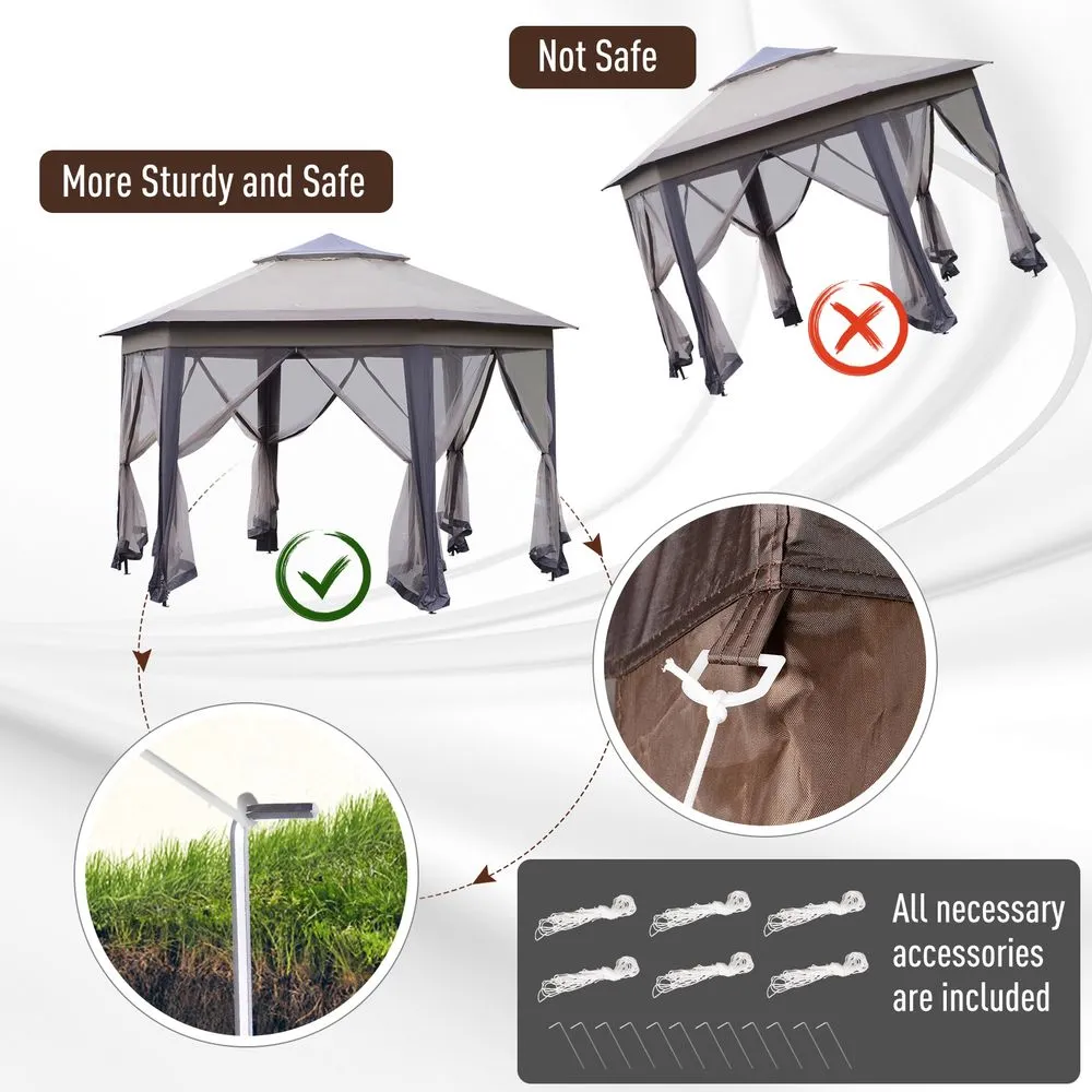 4 x 3m Metal Frame Mesh Draped 2-Tier Roof Gazebo Brown