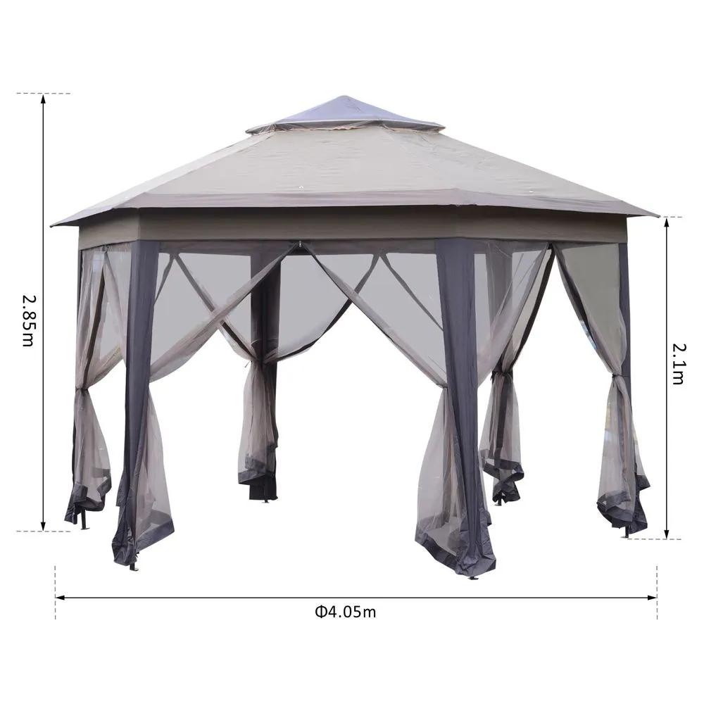 4 x 3m Metal Frame Mesh Draped 2-Tier Roof Gazebo Brown