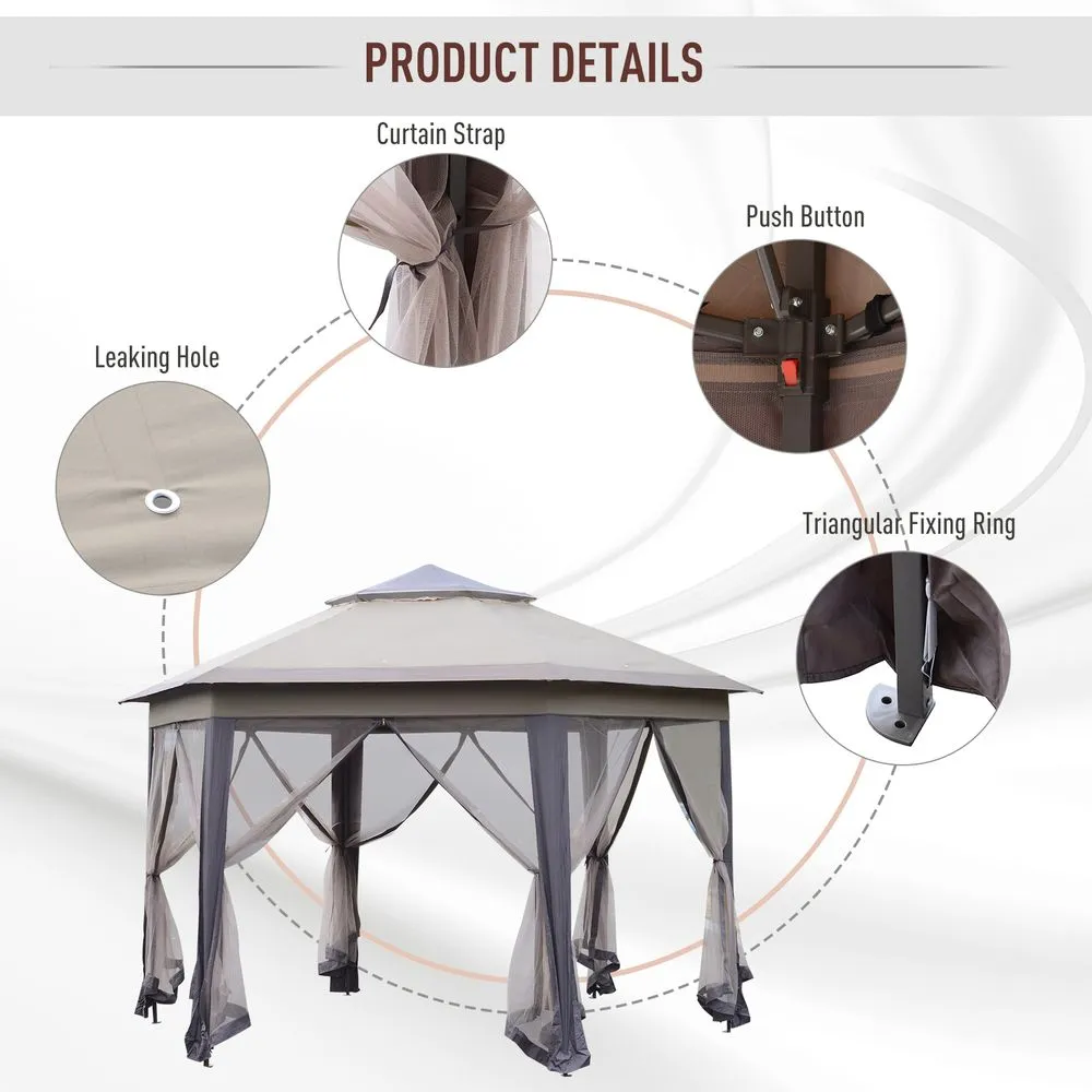 4 x 3m Metal Frame Mesh Draped 2-Tier Roof Gazebo Brown