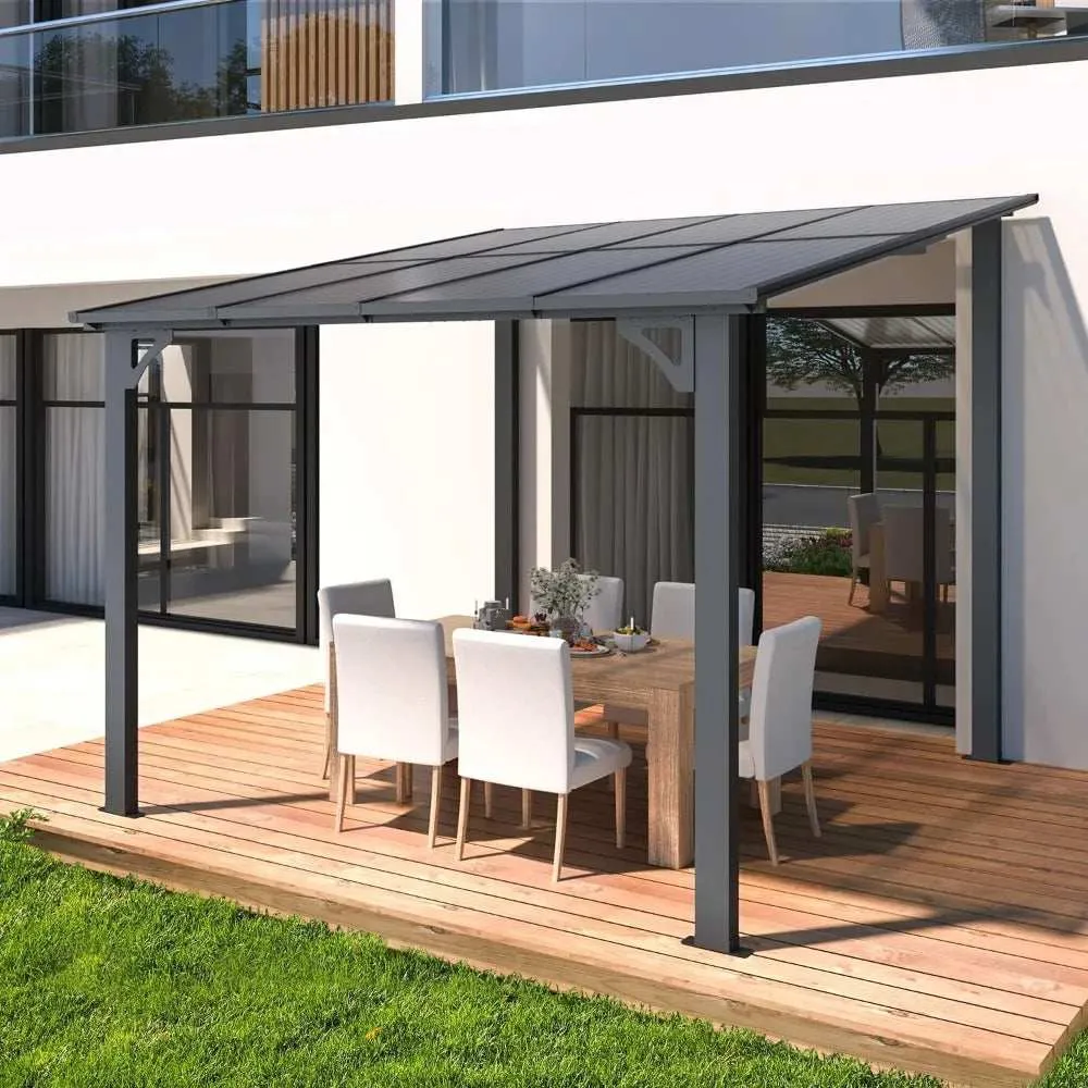 8x8 ft Small Wall-Mounted Gazebo, Metal Awning Gazebo with Sloping Roof