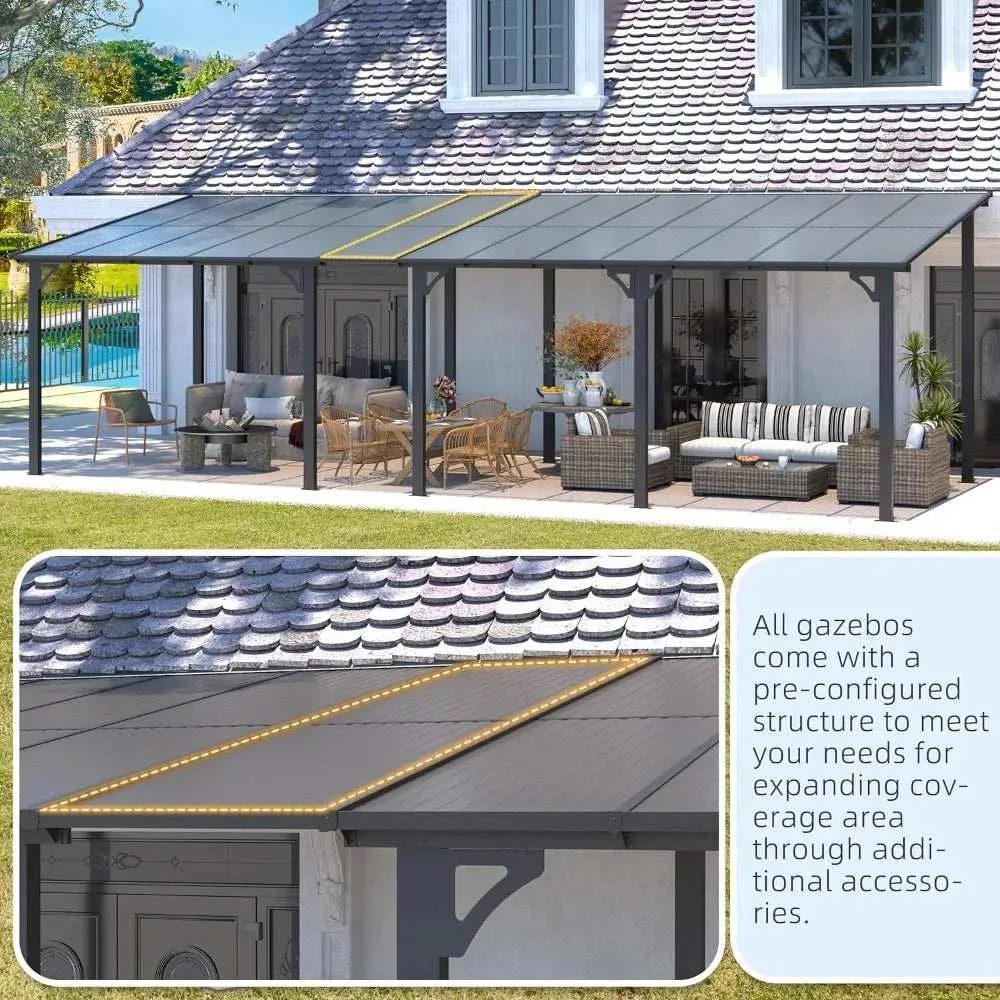8x8 ft Small Wall-Mounted Gazebo, Metal Awning Gazebo with Sloping Roof