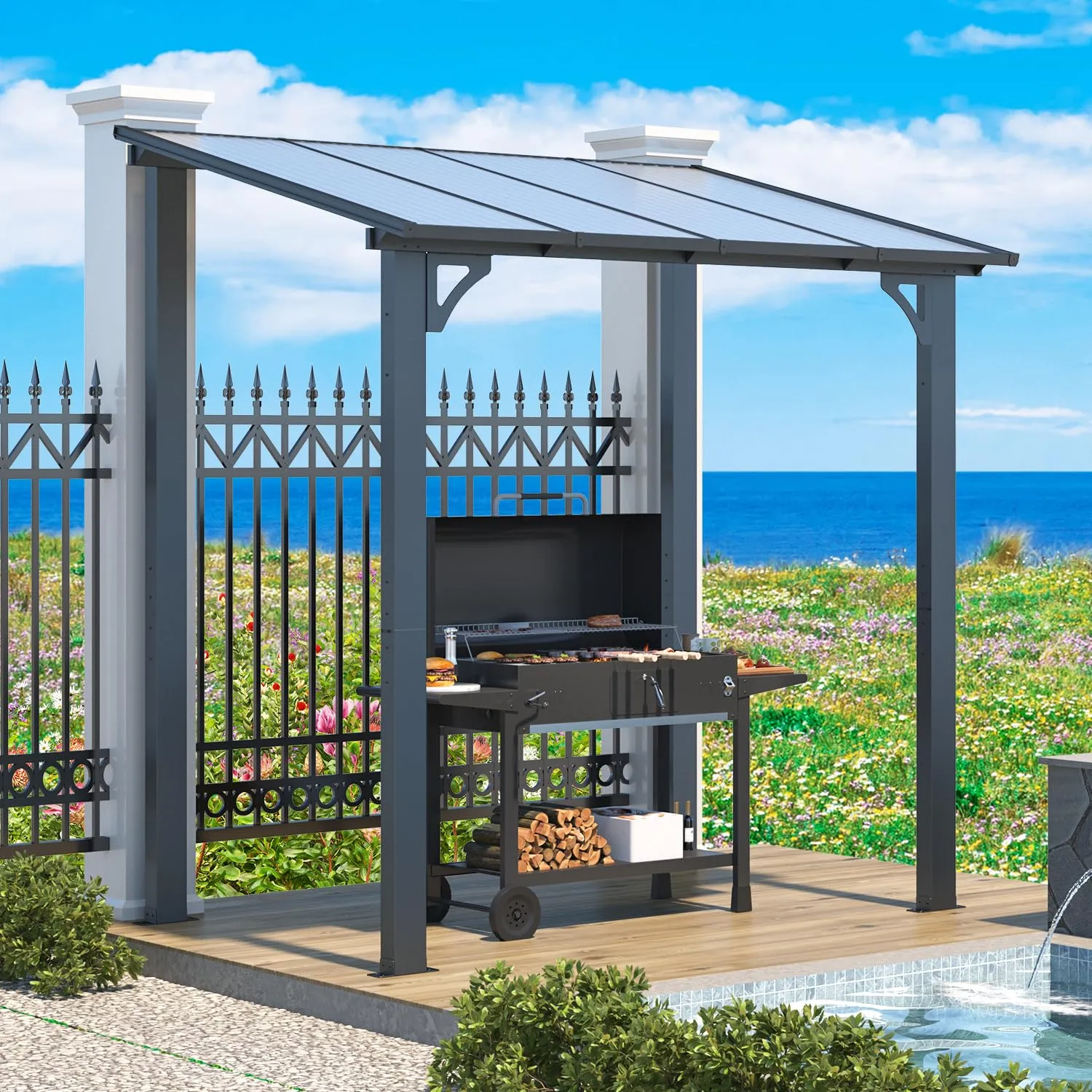 AECOJOY 8' x 5' Gazebo Outdoor Pergola for Patio, Lean to Hard Top Grill Gazebo Shelter Pergolas and Gazebos Clearance with Roof, Small Wall-Mounted Heavy Duty Awnings for Patio, Decks, Backyard
