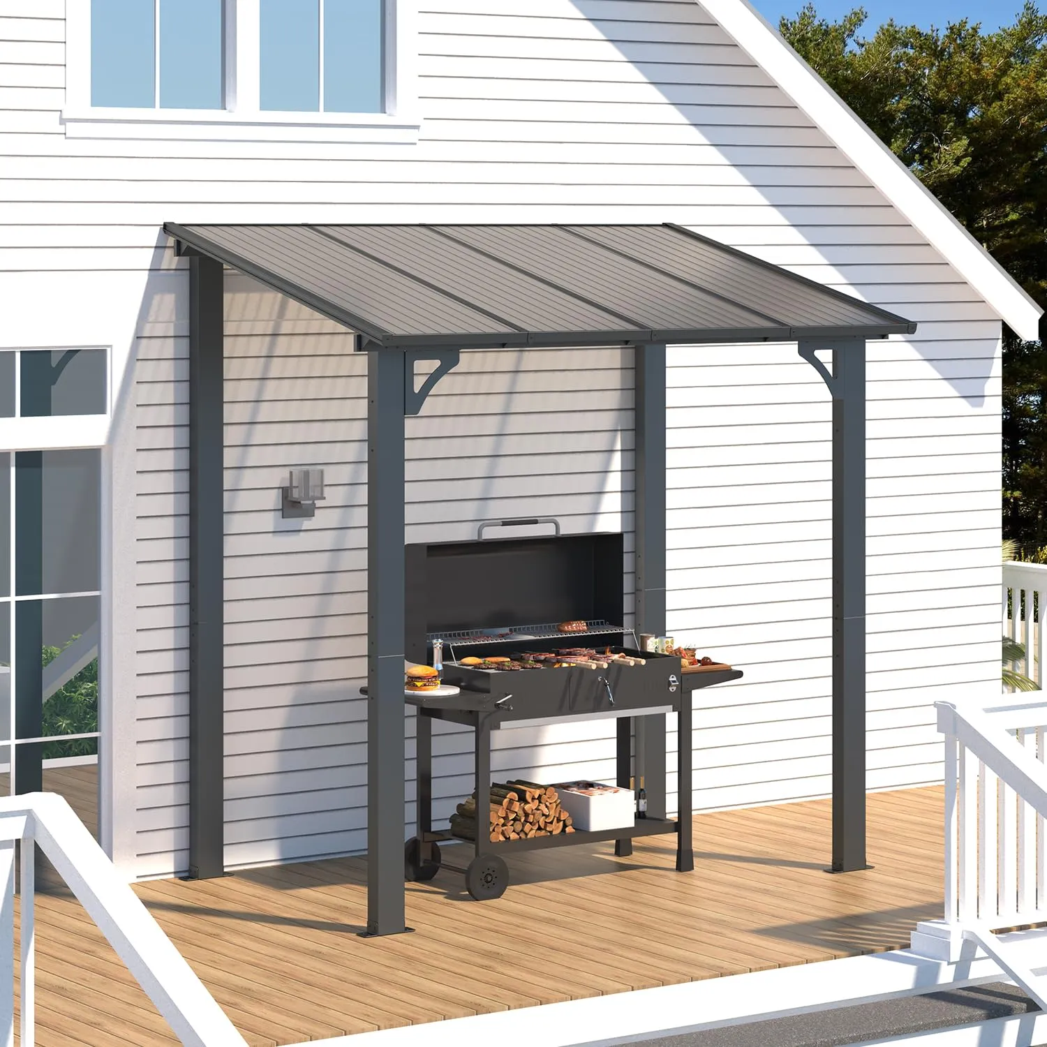 AECOJOY 8' x 5' Gazebo Outdoor Pergola for Patio, Lean to Hard Top Grill Gazebo Shelter Pergolas and Gazebos Clearance with Roof, Small Wall-Mounted Heavy Duty Awnings for Patio, Decks, Backyard