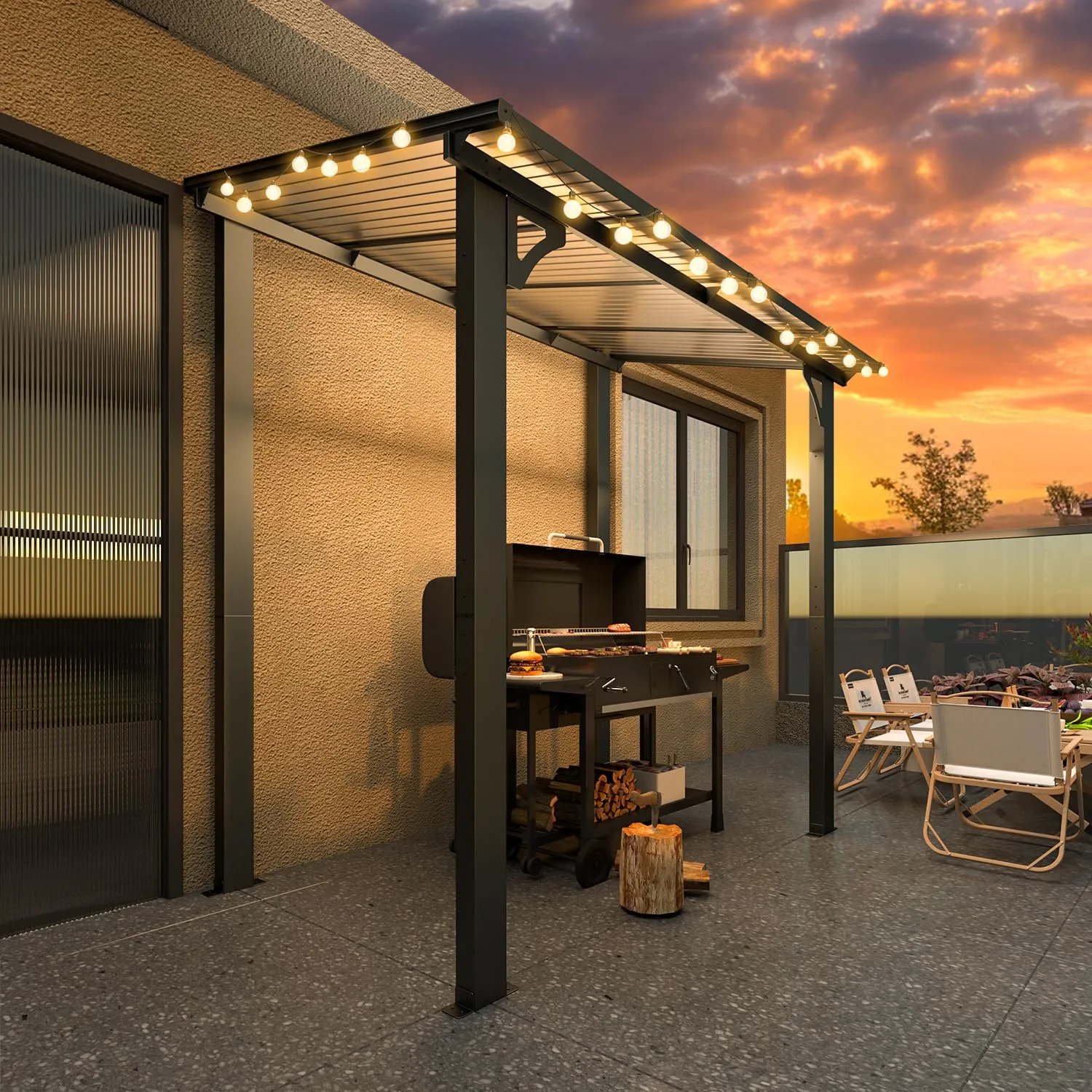 AECOJOY 8' x 5' Gazebo Outdoor Pergola for Patio, Lean to Hard Top Grill Gazebo Shelter Pergolas and Gazebos Clearance with Roof, Small Wall-Mounted Heavy Duty Awnings for Patio, Decks, Backyard