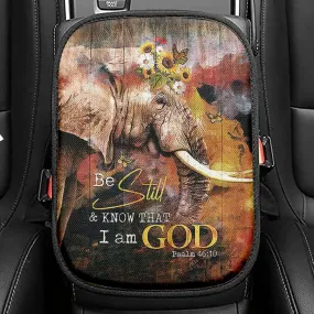 African Elephant Sunflower Be Still And Know That I Am God Seat Box Cover, Christian Car Center Console Cover, Bible Verse Car Interior Accessories
