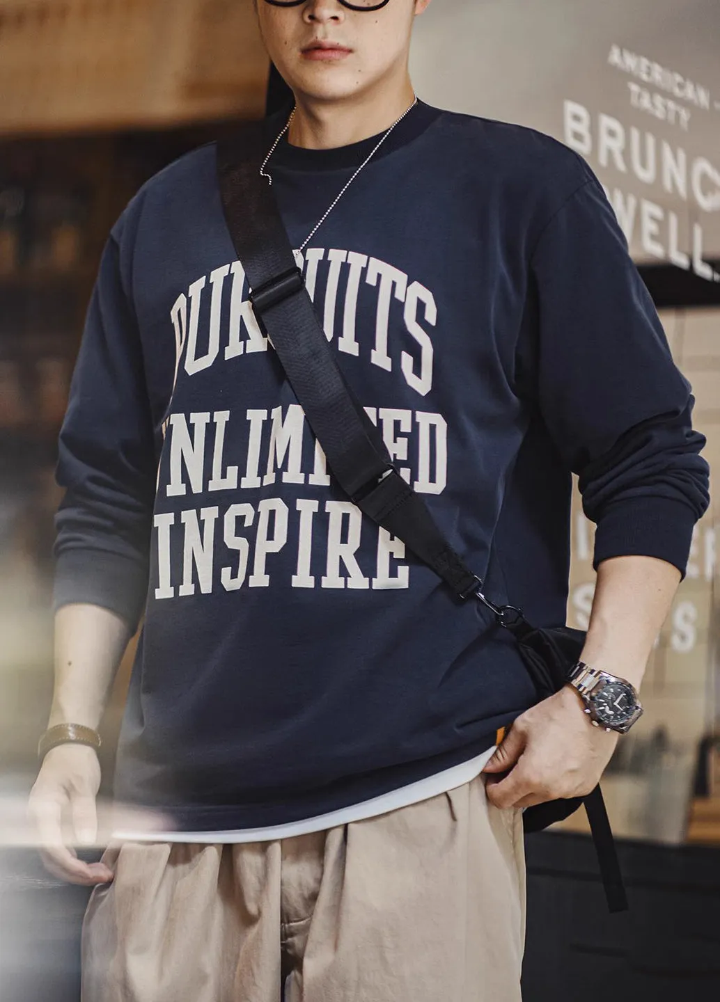 American Letter Pure Cotton Long-Sleeved Wear Brushed Men's Sweater
