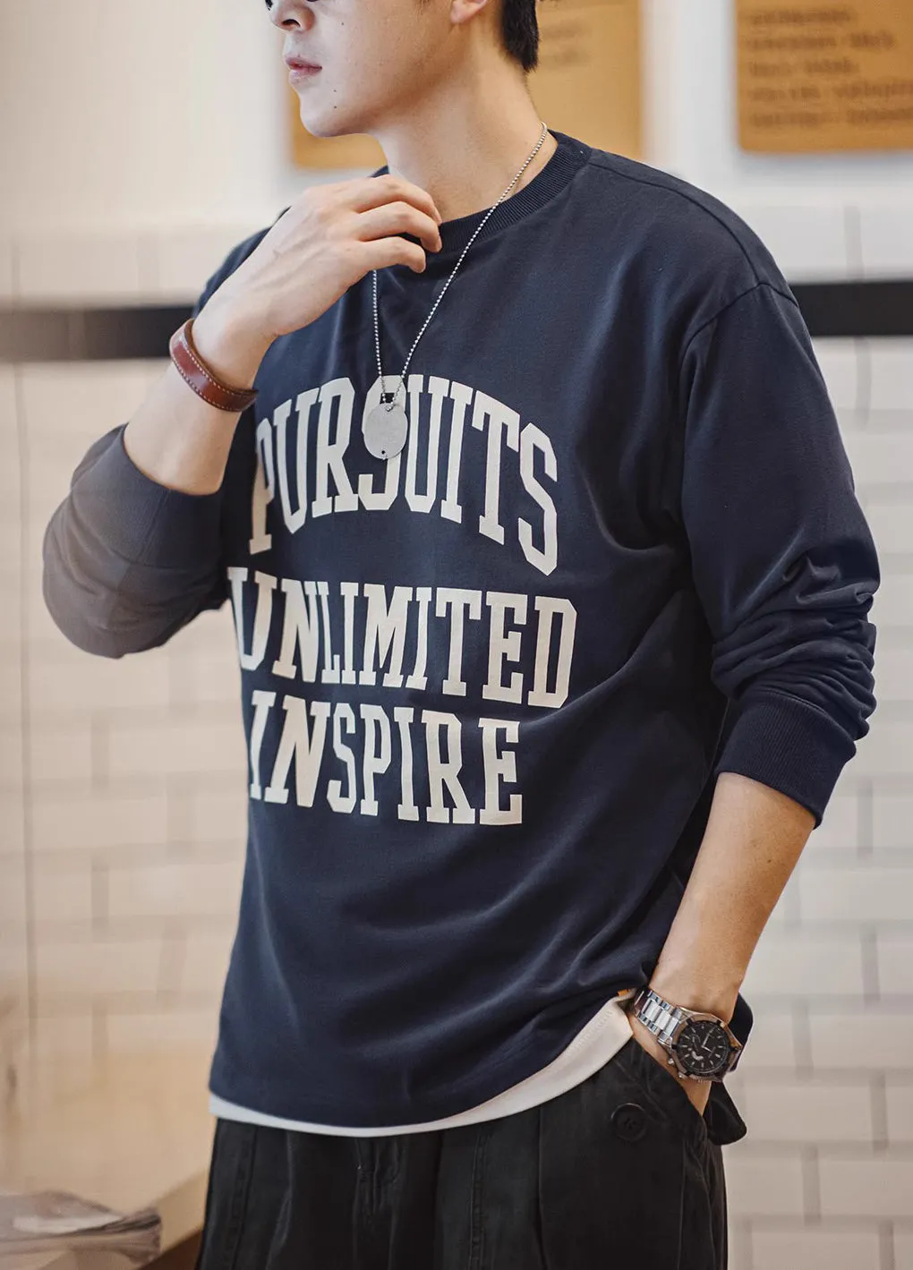 American Letter Pure Cotton Long-Sleeved Wear Brushed Men's Sweater