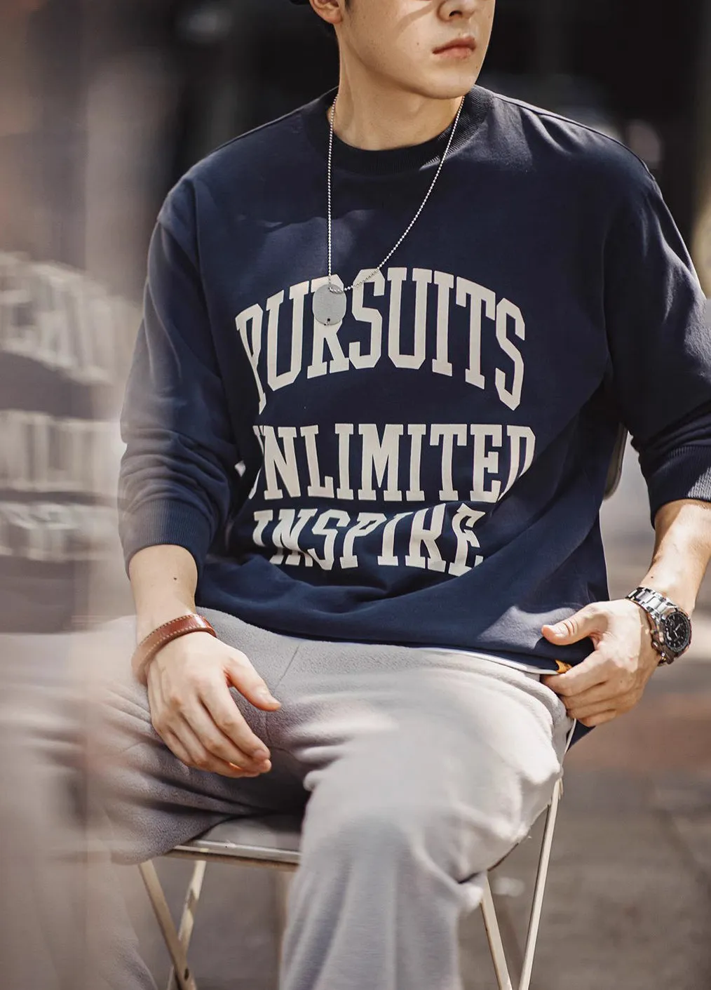 American Letter Pure Cotton Long-Sleeved Wear Brushed Men's Sweater