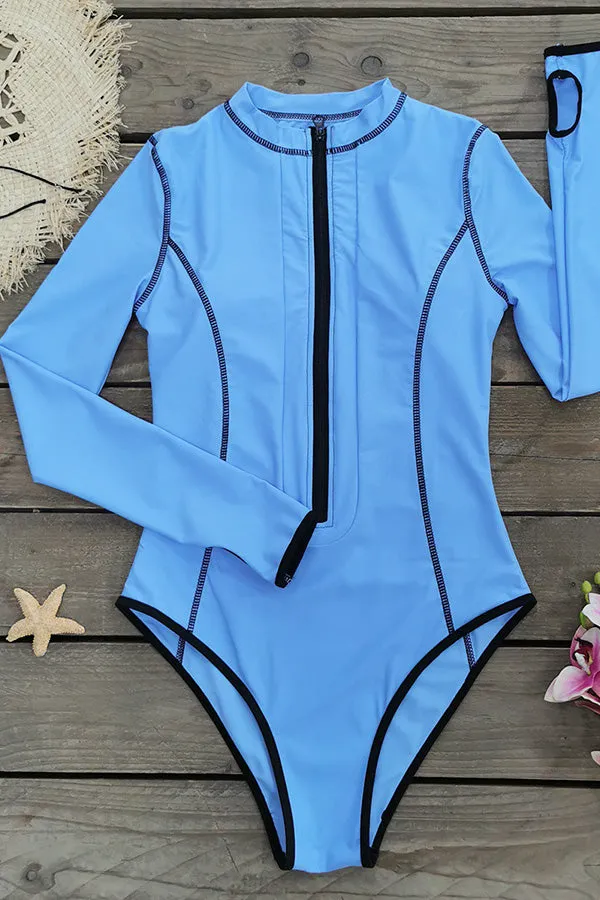 Blue Long Sleeve Zipper Triangle Swimsuit One Piece UPF50  Rash Guard