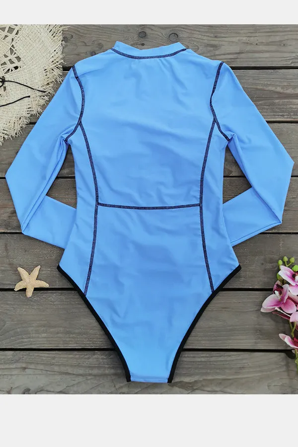 Blue Long Sleeve Zipper Triangle Swimsuit One Piece UPF50  Rash Guard