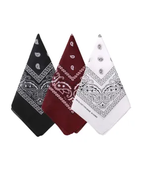 Bycc Bynn 3 Pack Pure Cotton Paisley Pattern Bandanas Square Scarf Headwear (Black   Burgundy   White)
