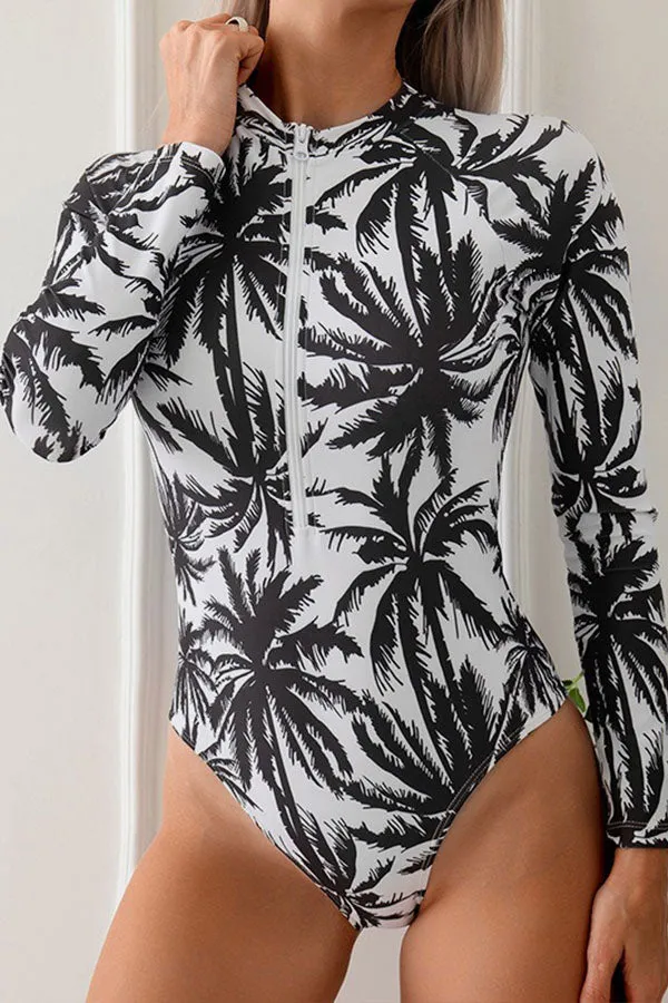 Coconut Tree Printed One Piece Long Sleeved Swimsuit UPF50  Rash Guard