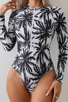 Coconut Tree Printed One Piece Long Sleeved Swimsuit UPF50  Rash Guard