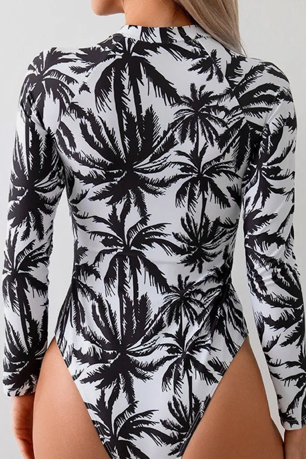 Coconut Tree Printed One Piece Long Sleeved Swimsuit UPF50  Rash Guard