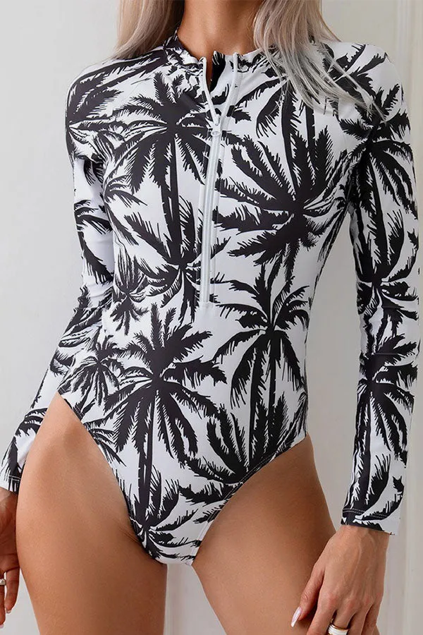 Coconut Tree Printed One Piece Long Sleeved Swimsuit UPF50  Rash Guard