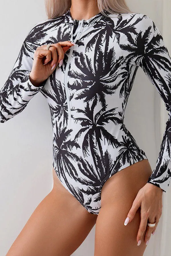 Coconut Tree Printed One Piece Long Sleeved Swimsuit UPF50  Rash Guard