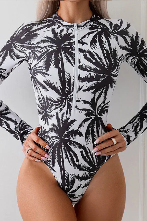 Coconut Tree Printed One Piece Long Sleeved Swimsuit UPF50  Rash Guard