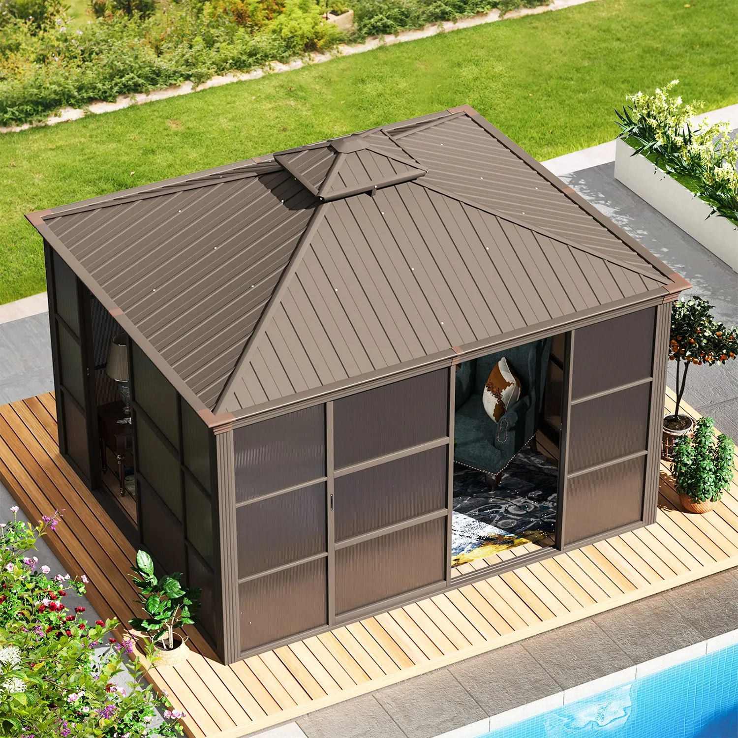 EROMMY 10X12 Florida Sunroom for Backyard Greenhouse with Sliding Door – Brown