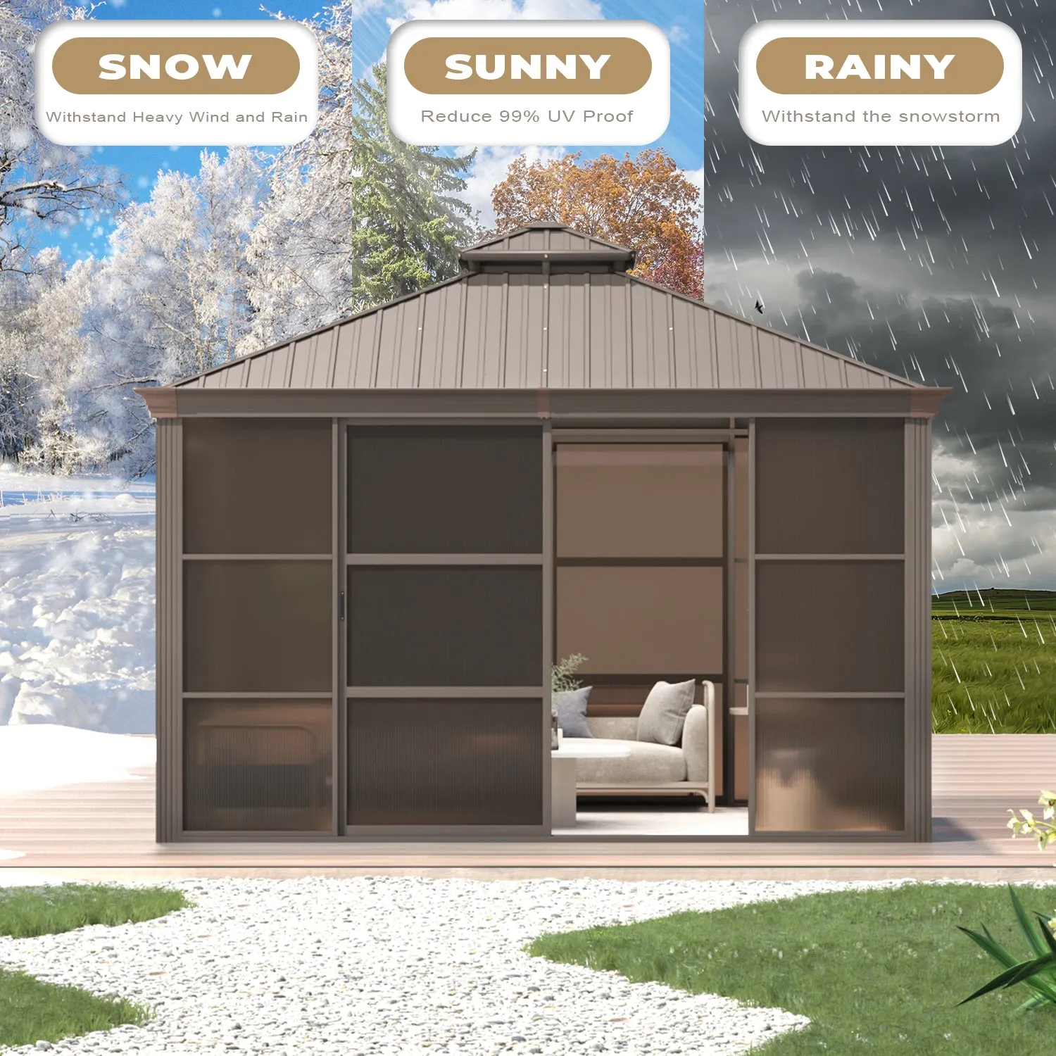 EROMMY 10X12 Florida Sunroom for Backyard Greenhouse with Sliding Door – Brown