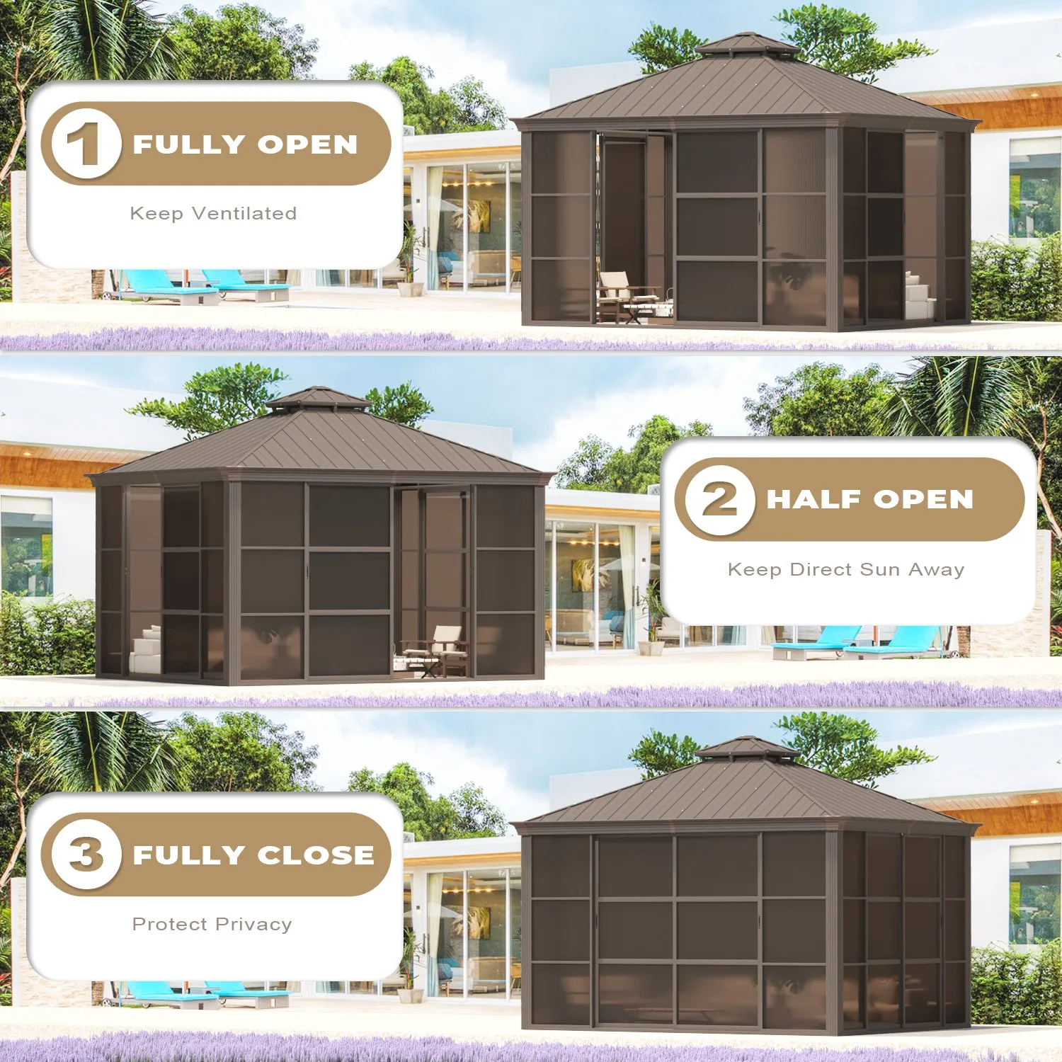 EROMMY 10X12 Florida Sunroom for Backyard Greenhouse with Sliding Door – Brown