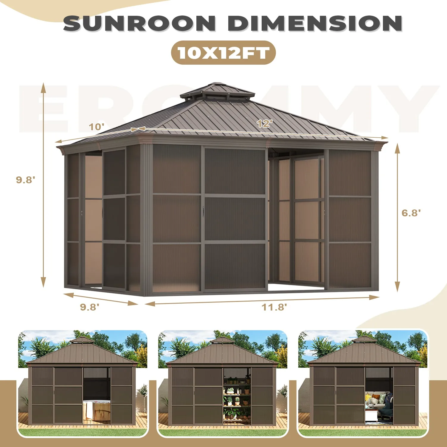 EROMMY 10X12 Florida Sunroom for Backyard Greenhouse with Sliding Door – Brown