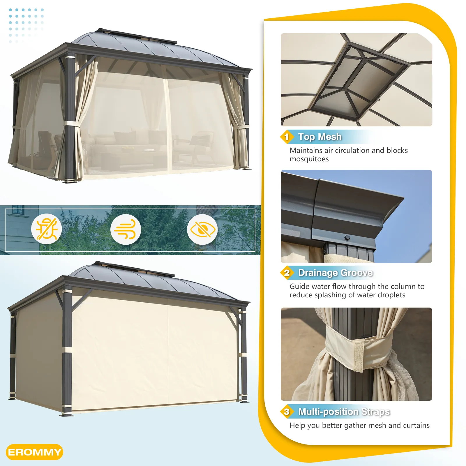 EROMMY 12' x 14' Hardtop Permanent Outdoor Aluminum Patio Gazebo, Double Roof for Patio Lawn and Garden, Curtains and Netting Included