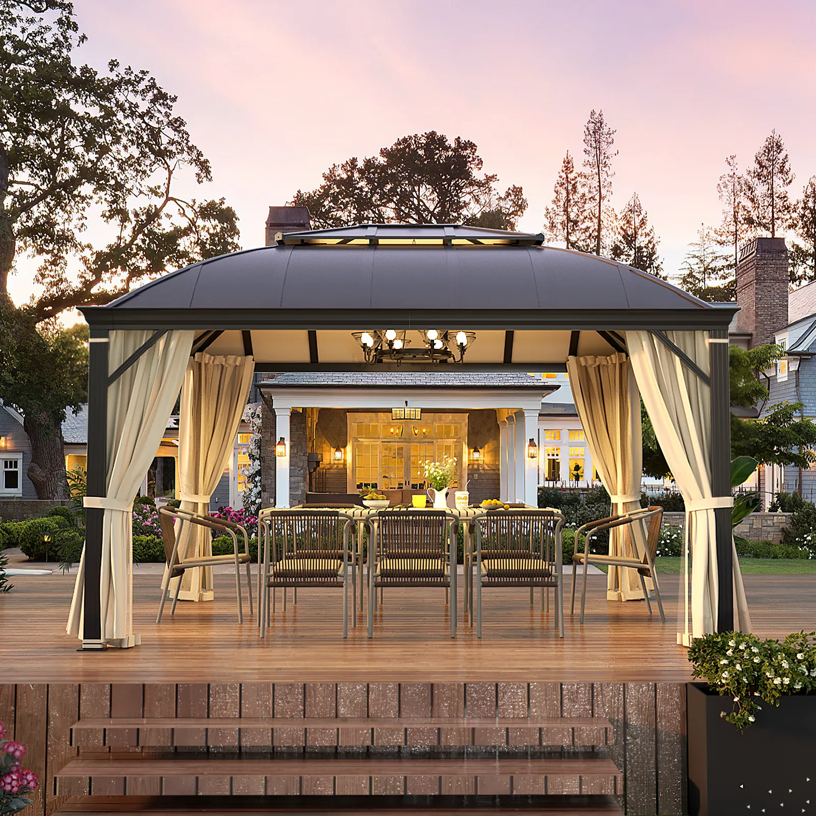 EROMMY 12' x 14' Hardtop Permanent Outdoor Aluminum Patio Gazebo, Double Roof for Patio Lawn and Garden, Curtains and Netting Included
