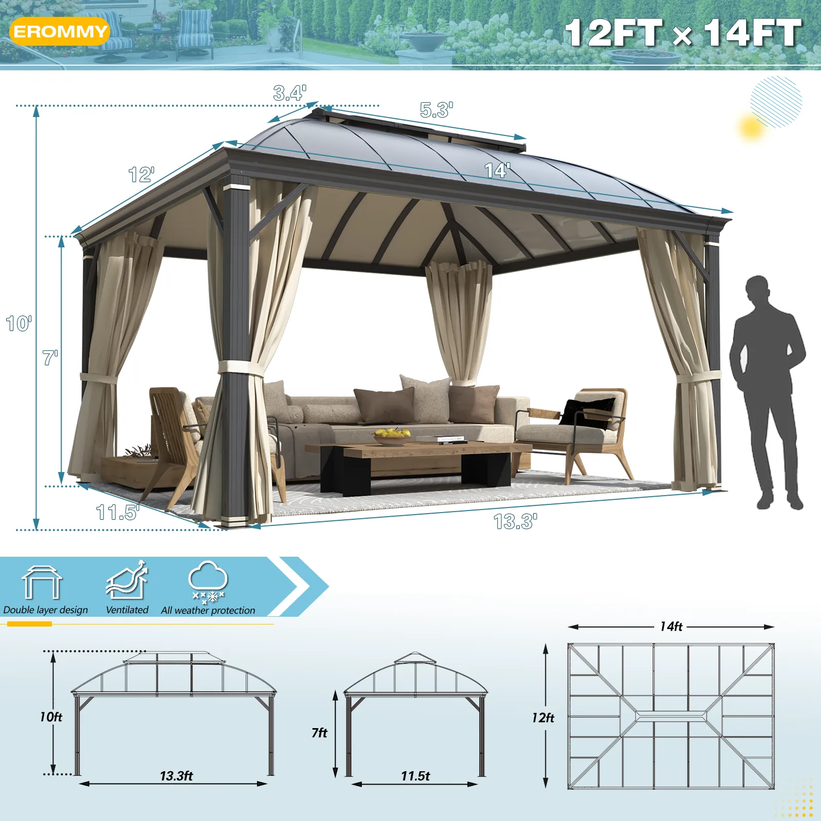 EROMMY 12' x 14' Hardtop Permanent Outdoor Aluminum Patio Gazebo, Double Roof for Patio Lawn and Garden, Curtains and Netting Included
