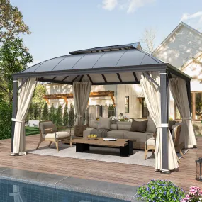 EROMMY 12' x 14' Hardtop Permanent Outdoor Aluminum Patio Gazebo, Double Roof for Patio Lawn and Garden, Curtains and Netting Included