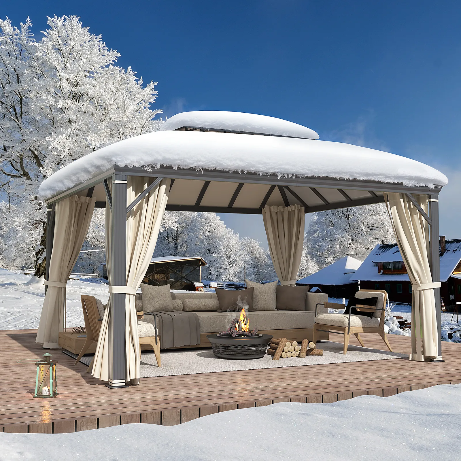 EROMMY 12' x 14' Hardtop Permanent Outdoor Aluminum Patio Gazebo, Double Roof for Patio Lawn and Garden, Curtains and Netting Included