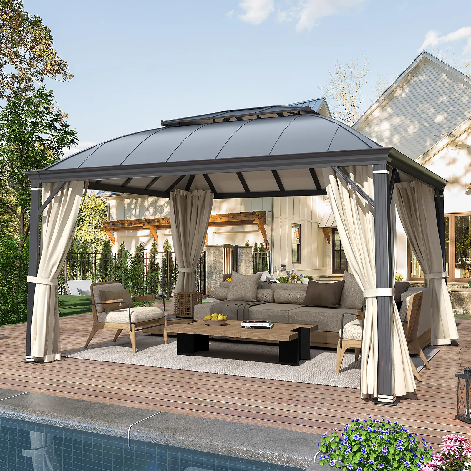 EROMMY 12' x 14' Hardtop Permanent Outdoor Aluminum Patio Gazebo, Double Roof for Patio Lawn and Garden, Curtains and Netting Included