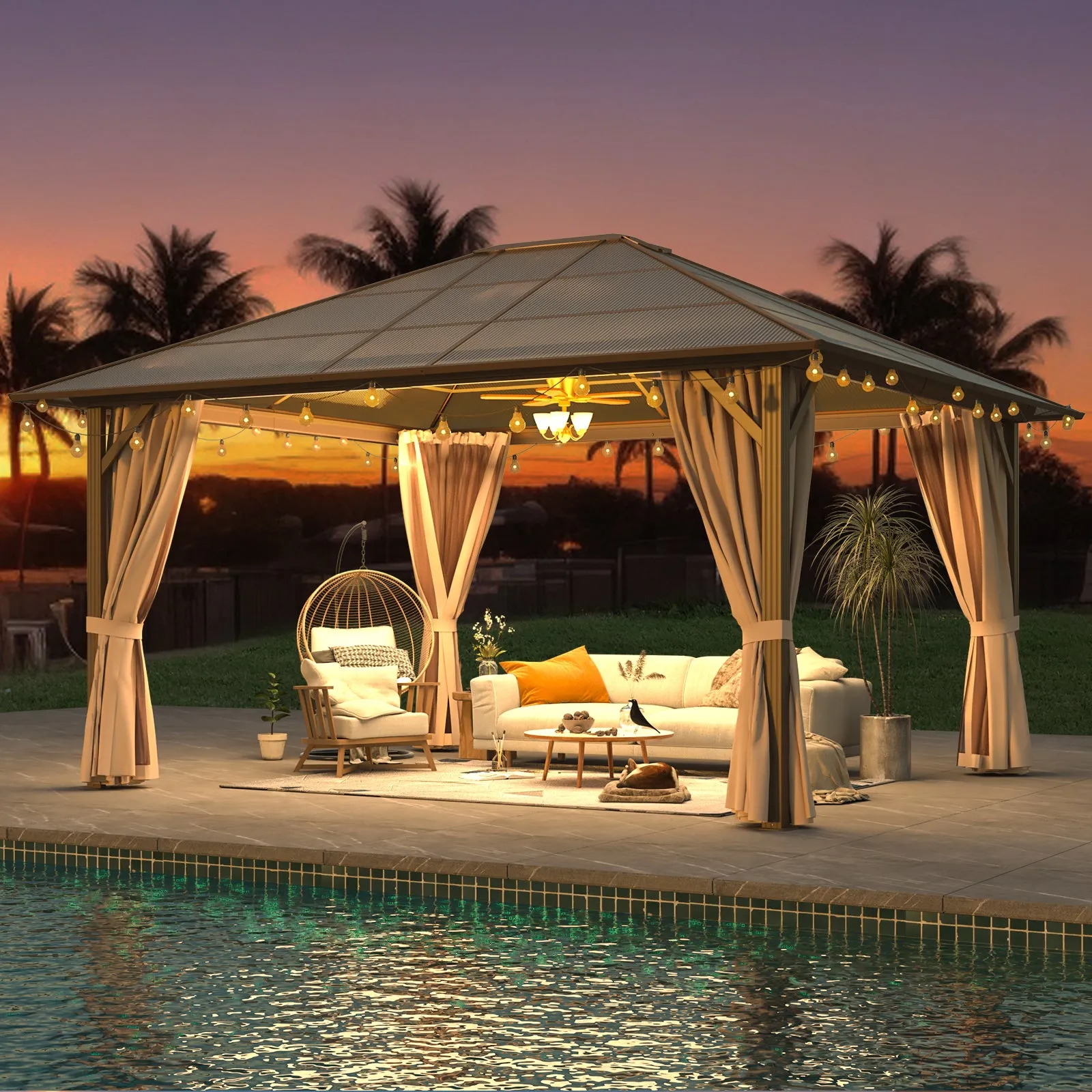 EROMMY 12'x14' Hardtop Gazebo, Outdoor Polycarbonate Roof Canopy, Aluminum Frame Permanent Pavilion with Curtains and Netting