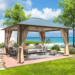 EROMMY 12'x14' Hardtop Gazebo, Outdoor Polycarbonate Roof Canopy, Aluminum Frame Permanent Pavilion with Curtains and Netting