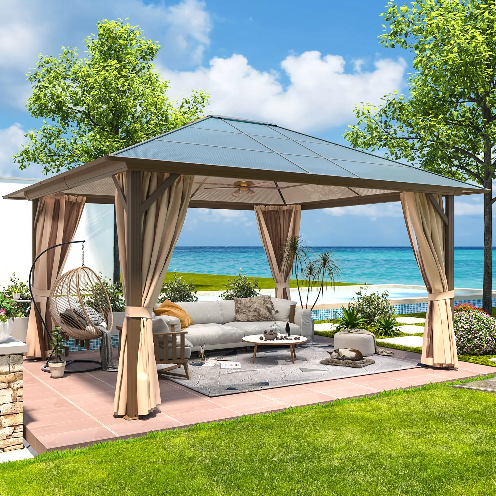 EROMMY 12'x14' Hardtop Gazebo, Outdoor Polycarbonate Roof Canopy, Aluminum Frame Permanent Pavilion with Curtains and Netting