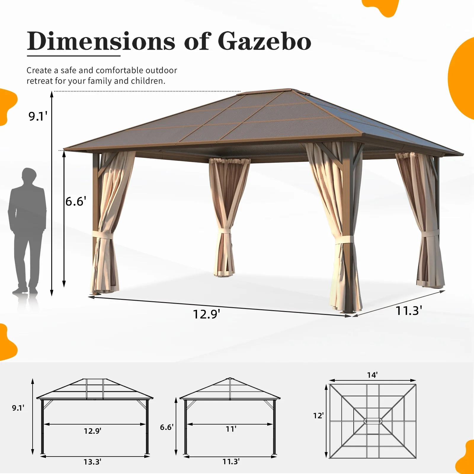 EROMMY 12'x14' Hardtop Gazebo, Outdoor Polycarbonate Roof Canopy, Aluminum Frame Permanent Pavilion with Curtains and Netting