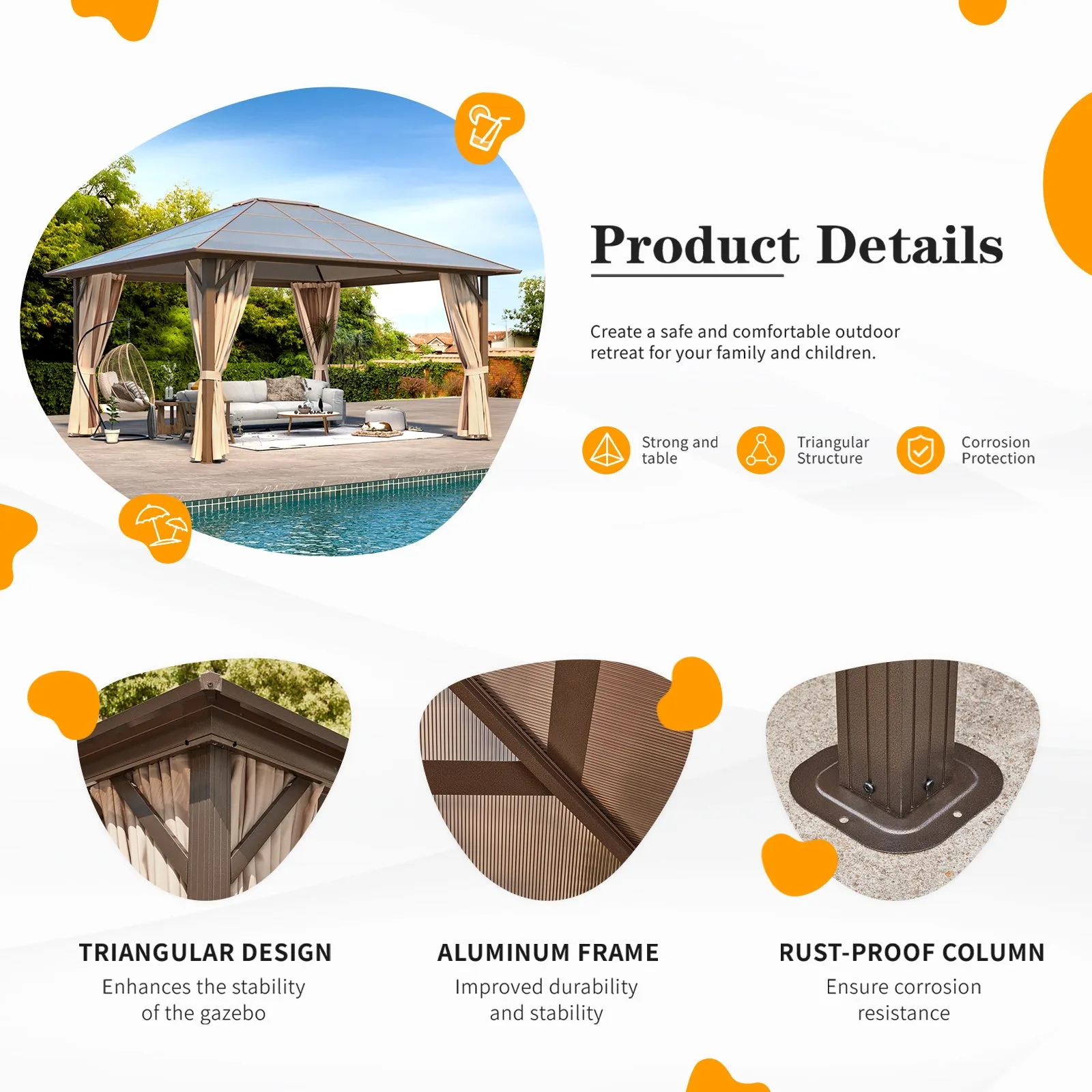 EROMMY 12'x14' Hardtop Gazebo, Outdoor Polycarbonate Roof Canopy, Aluminum Frame Permanent Pavilion with Curtains and Netting