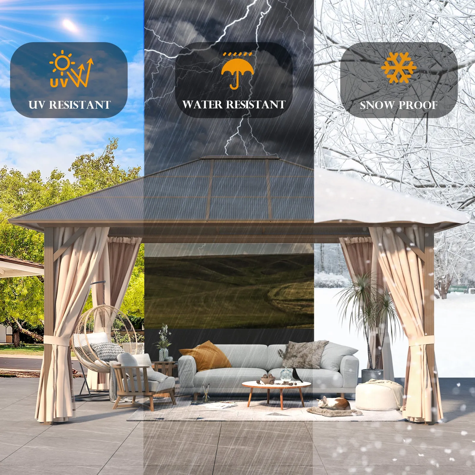 EROMMY 12'x14' Hardtop Gazebo, Outdoor Polycarbonate Roof Canopy, Aluminum Frame Permanent Pavilion with Curtains and Netting