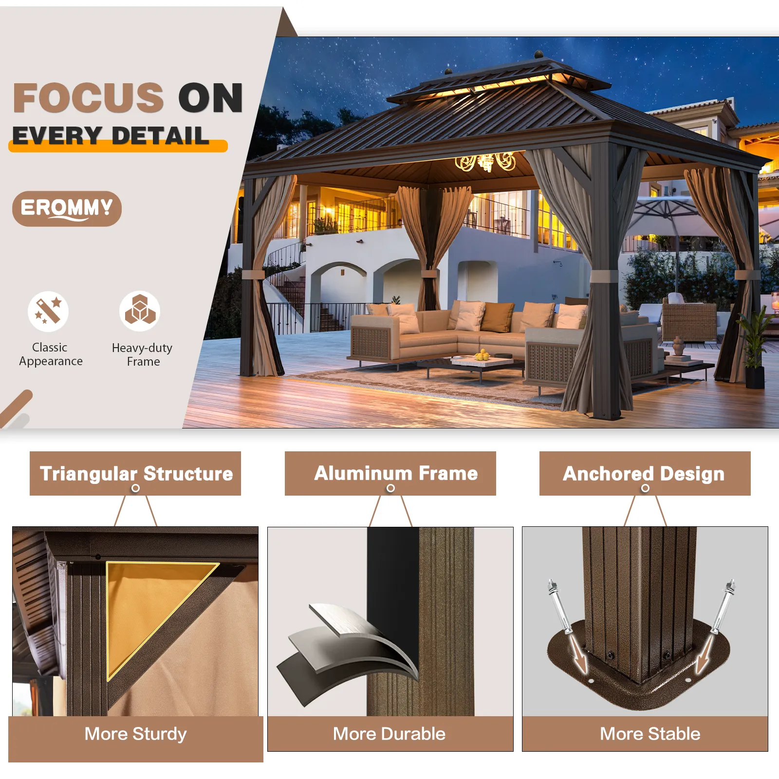 EROMMY 12X14 Hardtop Gazebo with Canopy for Poolside and Outdoor